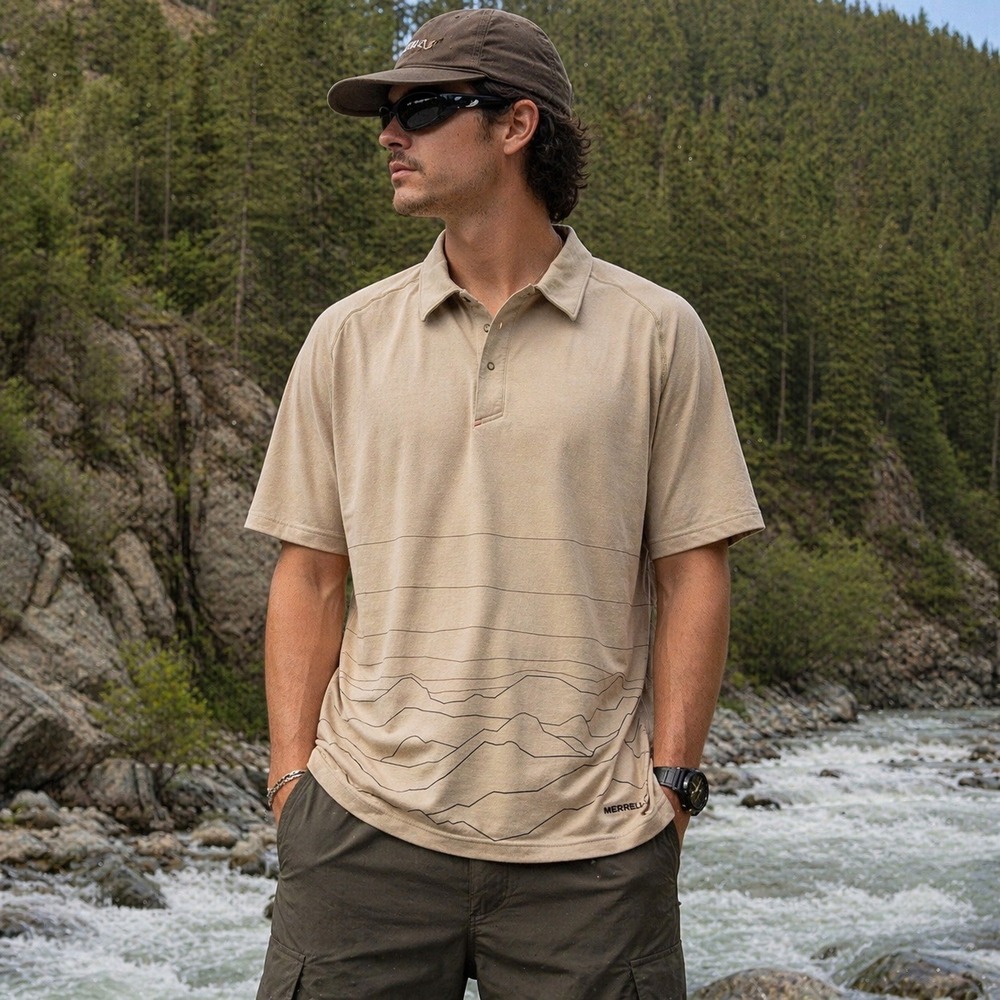 Merrell Opti-Wick Polo Shirt UPF 50+ Outdoor Hiking Tan Print Men's XL Casual